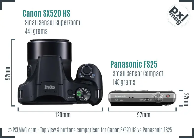 Canon SX520 HS vs Panasonic FS25 top view buttons comparison