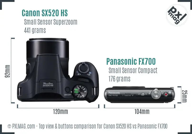 Canon SX520 HS vs Panasonic FX700 top view buttons comparison