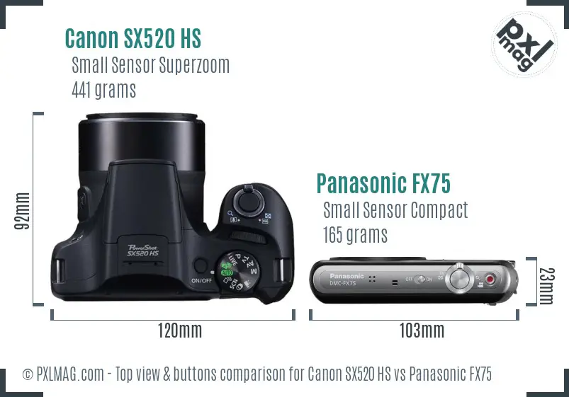 Canon SX520 HS vs Panasonic FX75 top view buttons comparison