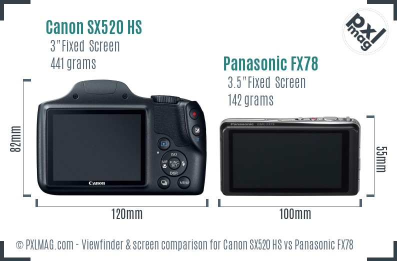 Canon SX520 HS vs Panasonic FX78 Screen and Viewfinder comparison
