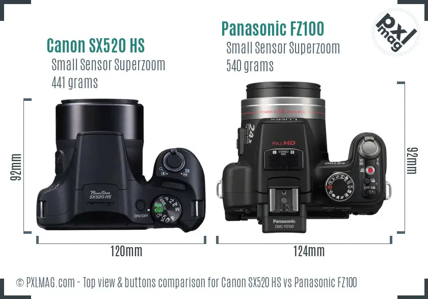 Canon SX520 HS vs Panasonic FZ100 top view buttons comparison