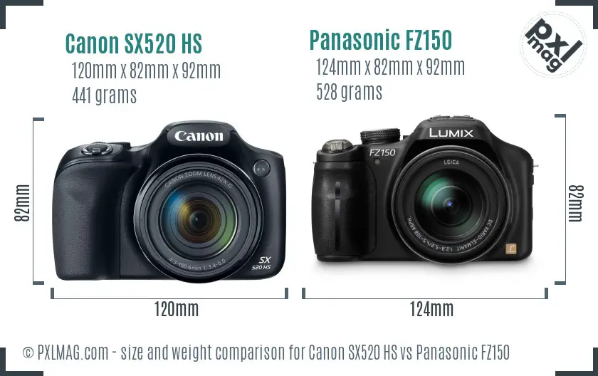 Canon SX520 HS vs Panasonic FZ150 size comparison