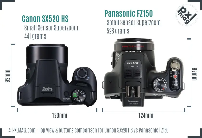 Canon SX520 HS vs Panasonic FZ150 top view buttons comparison