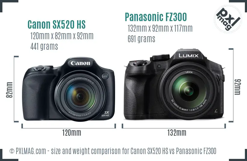 Canon SX520 HS vs Panasonic FZ300 size comparison