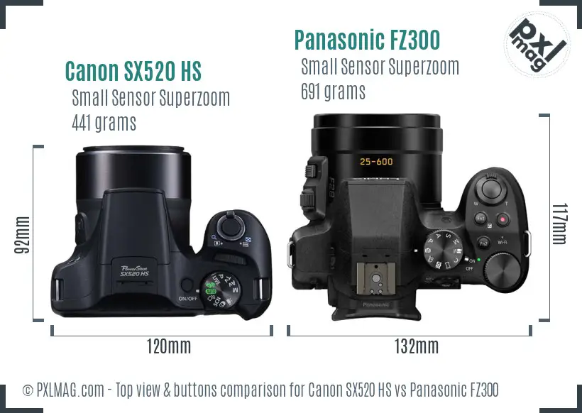 Canon SX520 HS vs Panasonic FZ300 top view buttons comparison