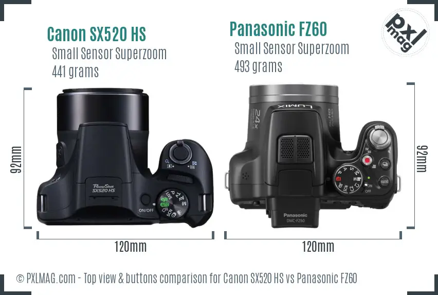 Canon SX520 HS vs Panasonic FZ60 top view buttons comparison Canon SX520 HS vs Panasonic FZ60 top view buttons comparison