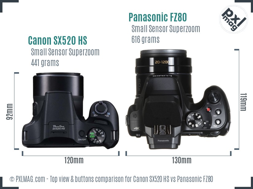 Canon SX520 HS vs Panasonic FZ80 top view buttons comparison