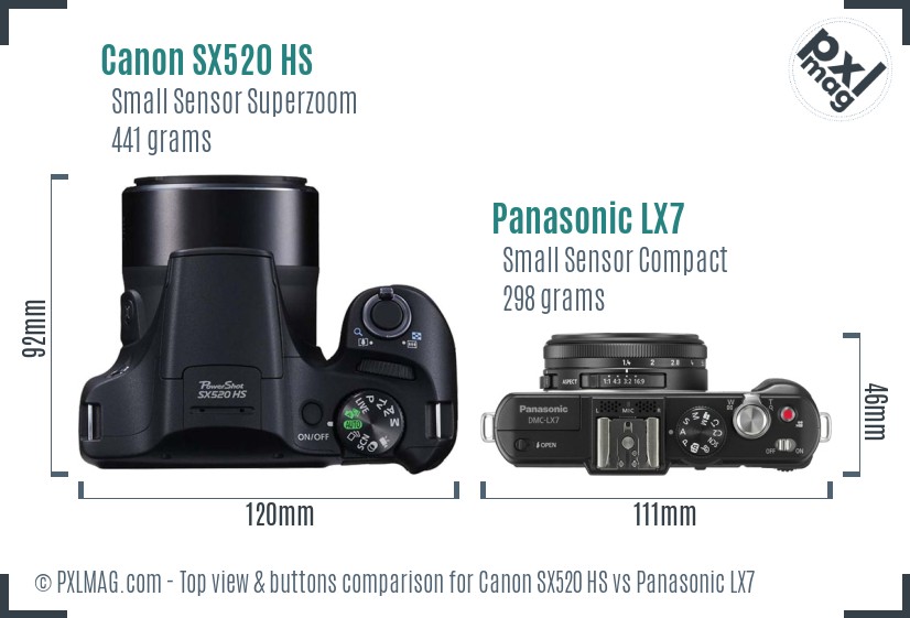 Canon SX520 HS vs Panasonic LX7 top view buttons comparison