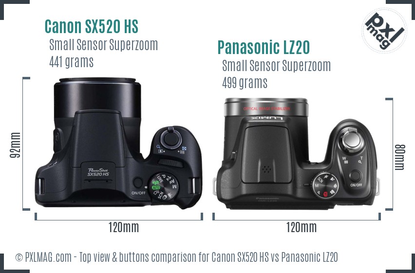 Canon SX520 HS vs Panasonic LZ20 top view buttons comparison