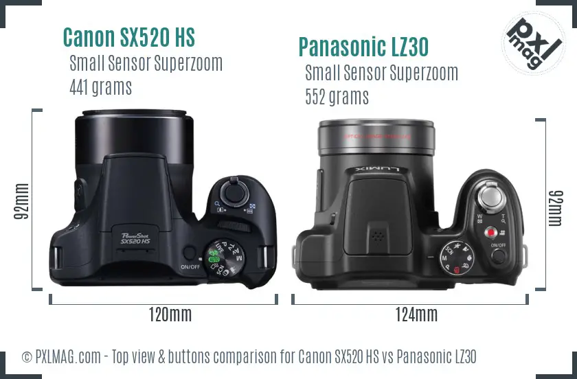 Canon SX520 HS vs Panasonic LZ30 top view buttons comparison Canon SX520 HS vs Panasonic LZ30 top view buttons comparison