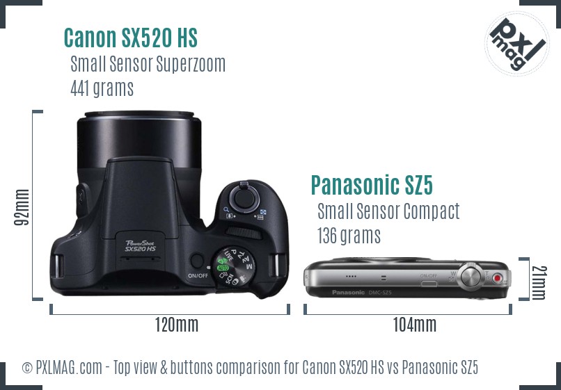 Canon SX520 HS vs Panasonic SZ5 top view buttons comparison