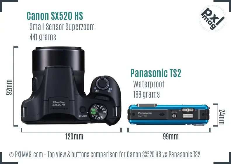 Canon SX520 HS vs Panasonic TS2 top view buttons comparison