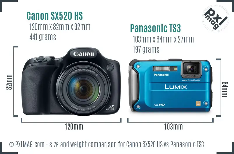 Canon SX520 HS vs Panasonic TS3 size comparison