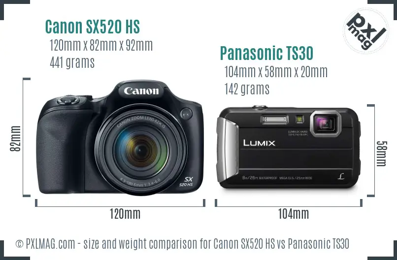 Canon SX520 HS vs Panasonic TS30 size comparison