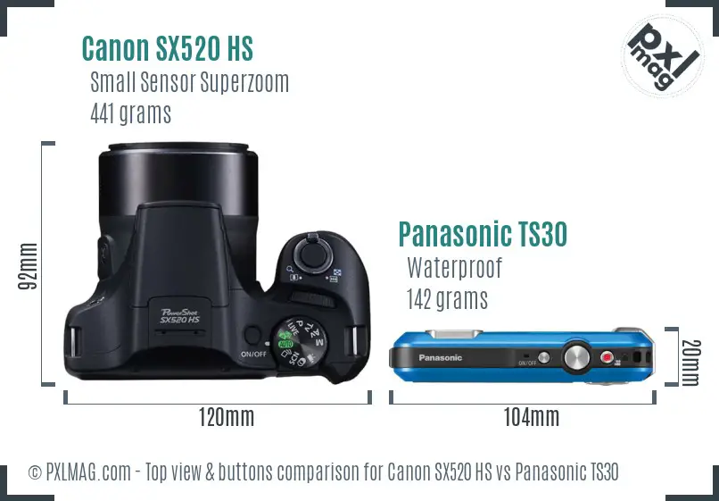Canon SX520 HS vs Panasonic TS30 top view buttons comparison