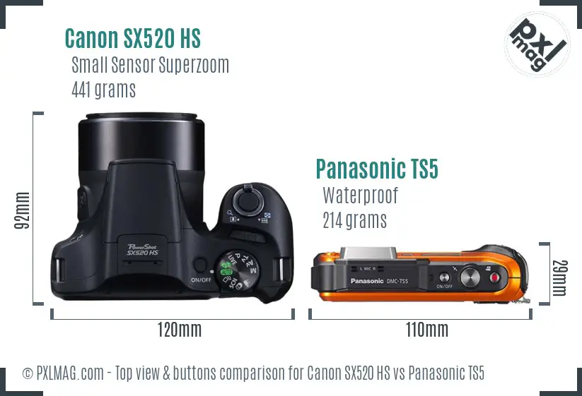 Canon SX520 HS vs Panasonic TS5 top view buttons comparison