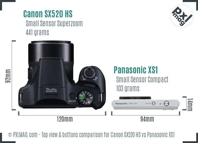 Canon SX520 HS vs Panasonic XS1 top view buttons comparison