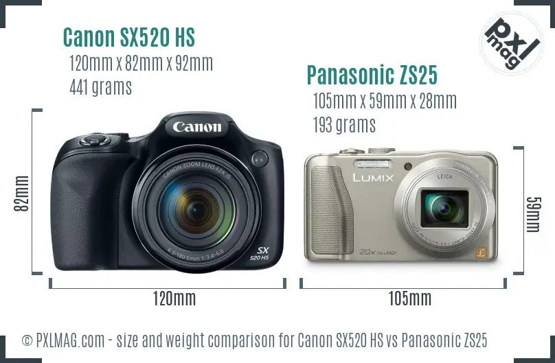 Canon SX520 HS vs Panasonic ZS25 size comparison