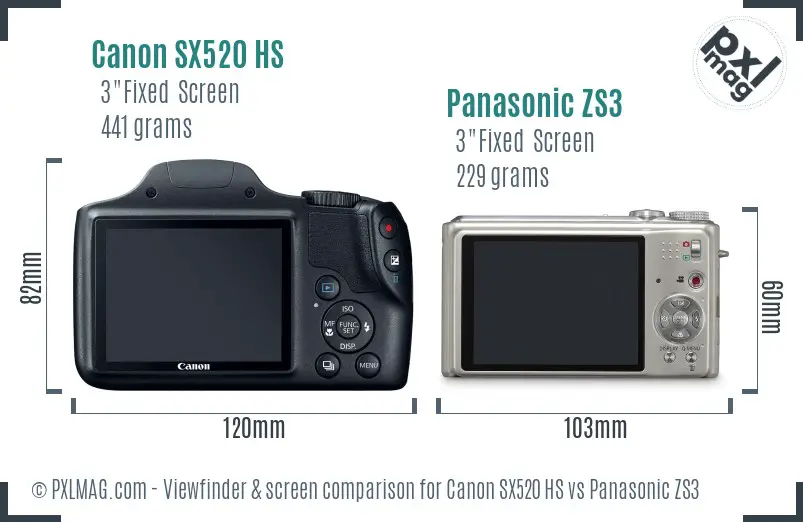 Canon SX520 HS vs Panasonic ZS3 Screen and Viewfinder comparison