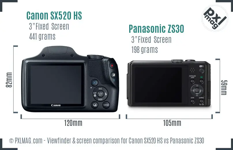 Canon SX520 HS vs Panasonic ZS30 Screen and Viewfinder comparison