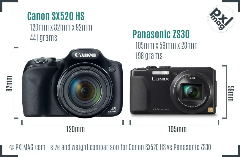 Canon SX520 HS vs Panasonic ZS30 size comparison