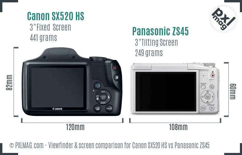 Canon SX520 HS vs Panasonic ZS45 Screen and Viewfinder comparison