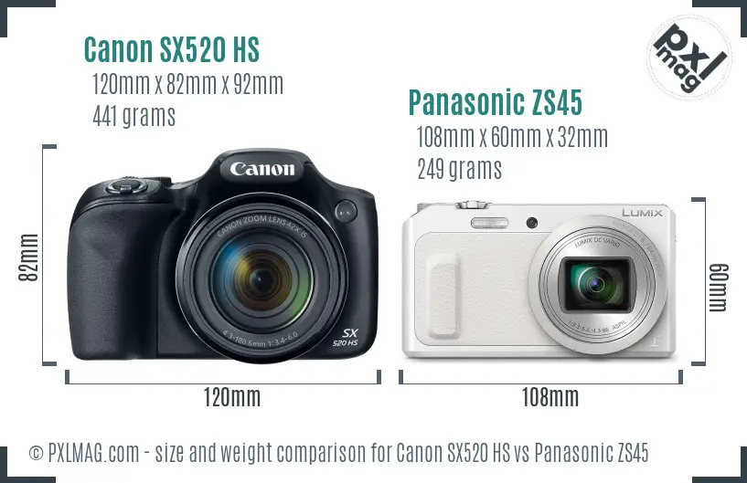 Canon SX520 HS vs Panasonic ZS45 size comparison