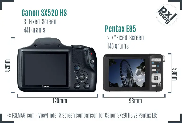 Canon SX520 HS vs Pentax E85 Screen and Viewfinder comparison