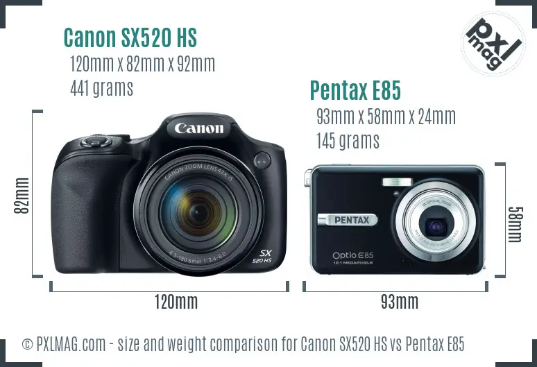 Canon SX520 HS vs Pentax E85 size comparison