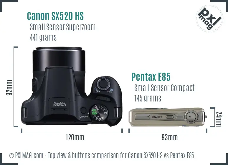 Canon SX520 HS vs Pentax E85 top view buttons comparison
