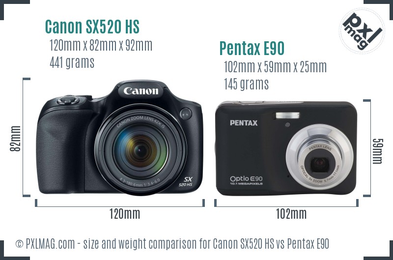 Canon SX520 HS vs Pentax E90 size comparison