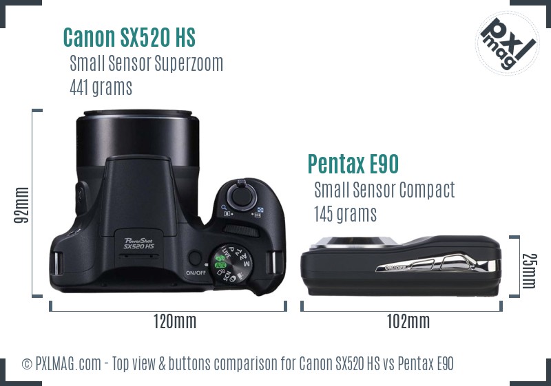 Canon SX520 HS vs Pentax E90 top view buttons comparison