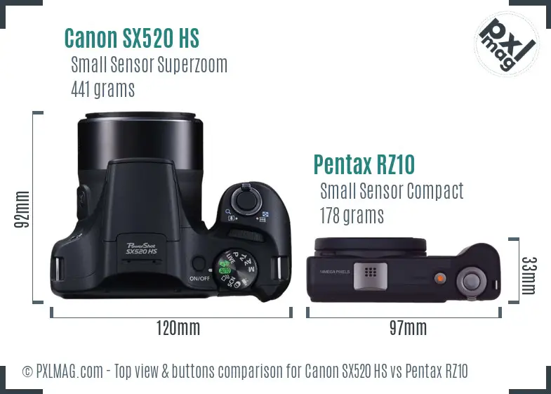 Canon SX520 HS vs Pentax RZ10 top view buttons comparison