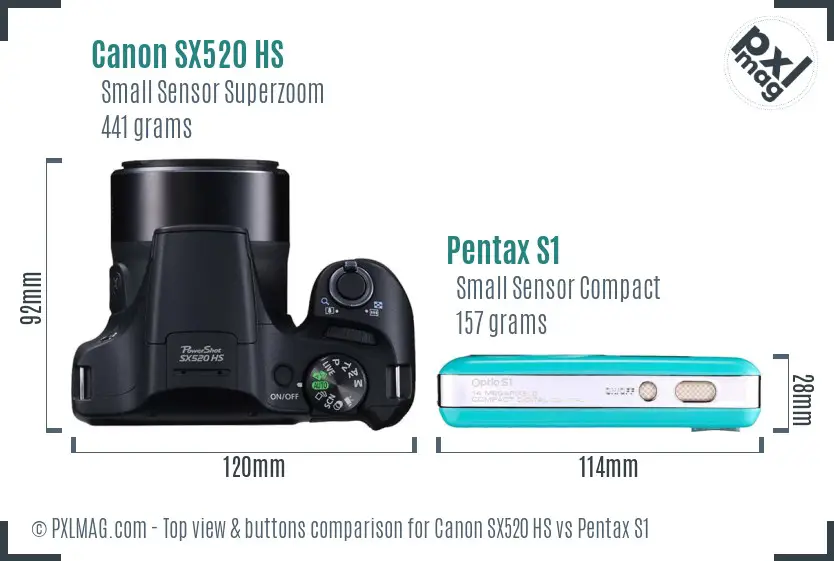 Canon SX520 HS vs Pentax S1 top view buttons comparison