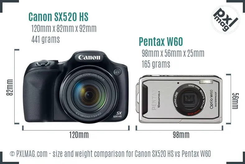 Canon SX520 HS vs Pentax W60 size comparison