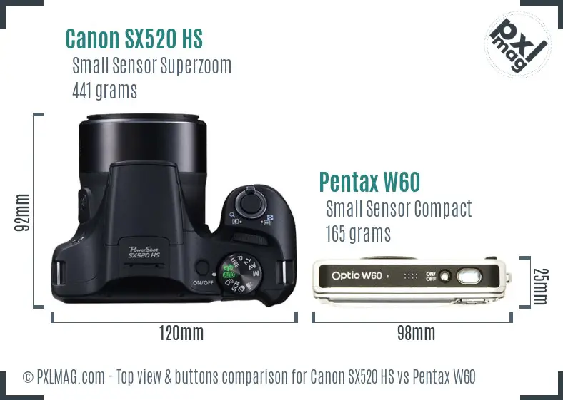 Canon SX520 HS vs Pentax W60 top view buttons comparison