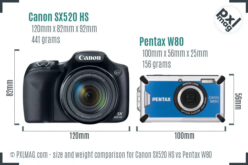 Canon SX520 HS vs Pentax W80 size comparison