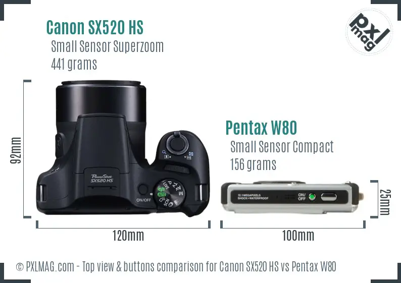 Canon SX520 HS vs Pentax W80 top view buttons comparison