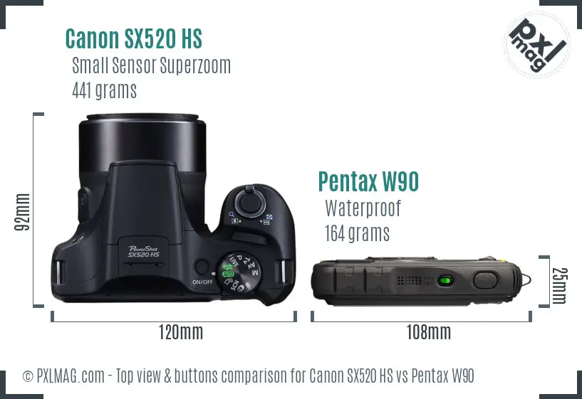 Canon SX520 HS vs Pentax W90 top view buttons comparison
