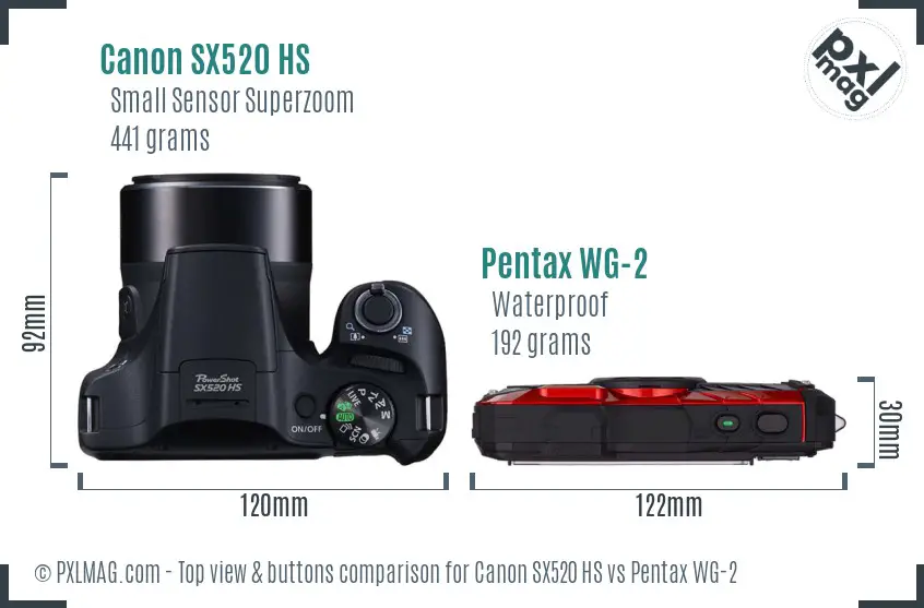 Canon SX520 HS vs Pentax WG-2 top view buttons comparison
