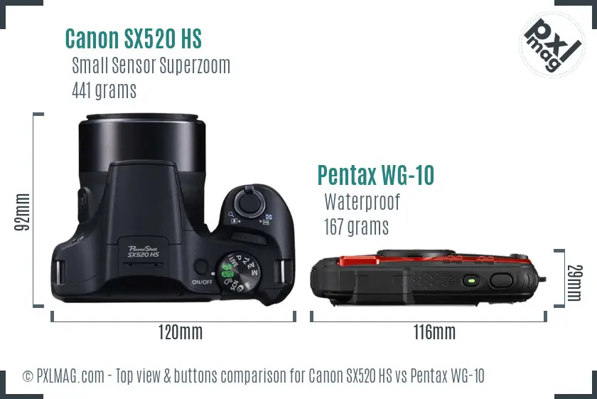 Canon SX520 HS vs Pentax WG-10 top view buttons comparison