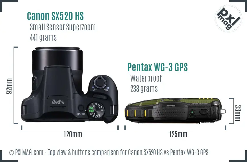 Canon SX520 HS vs Pentax WG-3 GPS top view buttons comparison