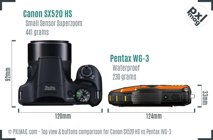 Canon SX520 HS vs Pentax WG-3 top view buttons comparison