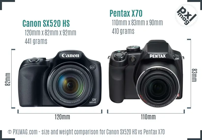 Canon SX520 HS vs Pentax X70 size comparison