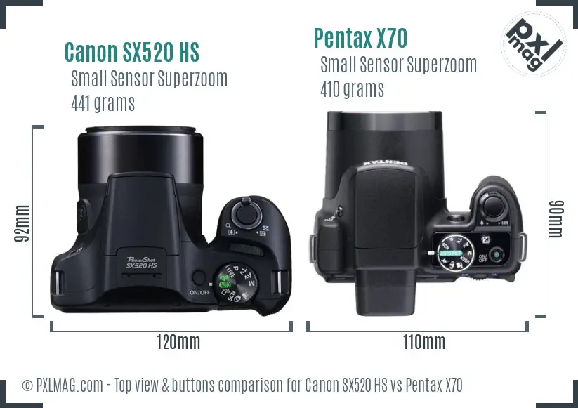 Canon SX520 HS vs Pentax X70 top view buttons comparison