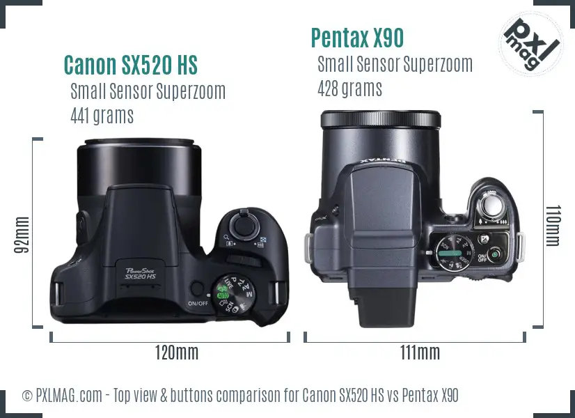 Canon SX520 HS vs Pentax X90 top view buttons comparison Canon SX520 HS vs Pentax X90 top view buttons comparison