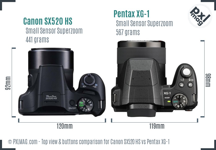 Canon SX520 HS vs Pentax XG-1 top view buttons comparison