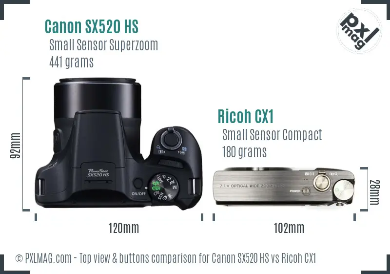 Canon SX520 HS vs Ricoh CX1 top view buttons comparison