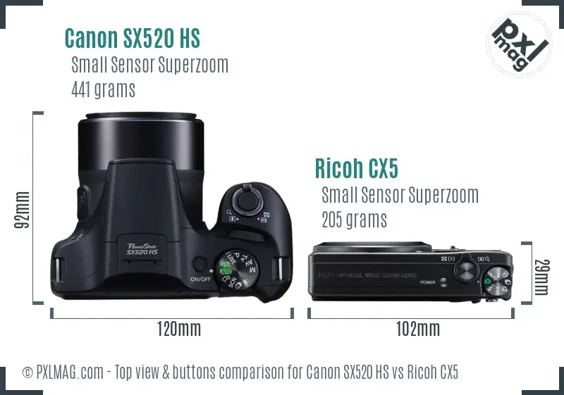 Canon SX520 HS vs Ricoh CX5 top view buttons comparison Canon SX520 HS vs Ricoh CX5 top view buttons comparison