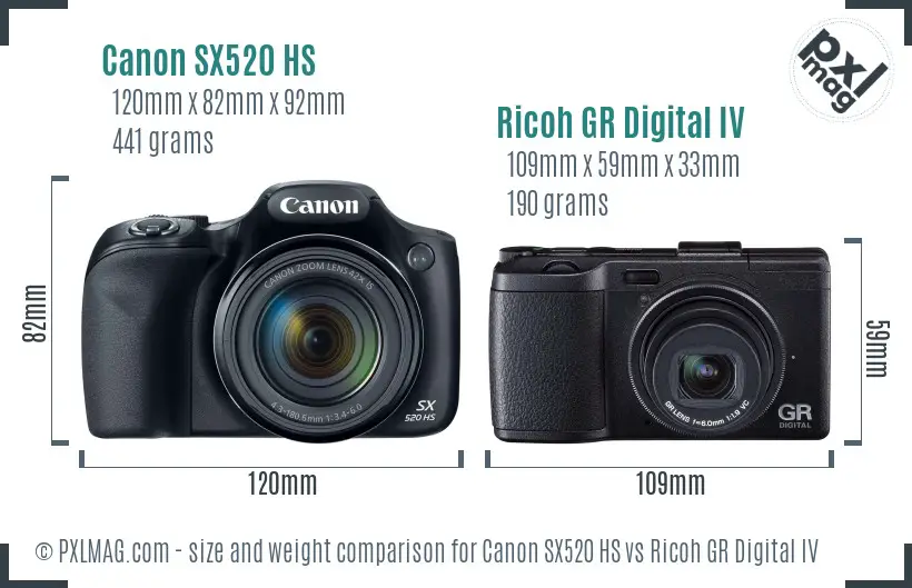 Canon SX520 HS vs Ricoh GR Digital IV size comparison